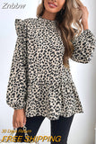 Znbbw Leopard Print Fashion Spring 2023 Blouses Women Long Sleeve Top Keyhole Back Casual Ladies Shirts Elegant