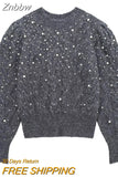 Znbbw Women Knit Pullover Silver Thread Long Sleeved O Neck Blouse Loose Sweater Top Female