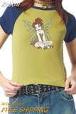 Znbbw Women Y2K Graphic Print Short Sleeve Crop Tops T-Shirt Round Neck Slim Fit Tee Tops 90S E Girl Clothing