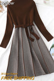 Znbbw High Collar A-line Knit Dress Women's 2023 Autumn Winter Thickened Arrow Striped Women Elegant Sashes Knitted Dress