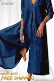znbbw Casual Pullover Jumpsuit Spring Vintage Loose Solid Color V-Neck Jumpsuits Women One Piece Cotton Linen Wide-Leg Pants