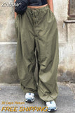Znbbw Women Casual Baggy Wide Leg Cargo Pants Loose White Low Waist Drawstring Sweatpants Y2K Hip Hop Pocket Streetwear Long Trousers