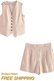 Znbbw TRAF Summer Linen Suits Women Buttons Sleeveless Thin Vest Crop Top Female Pleated Shorts Set Women 2 Piece Set