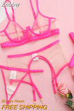 Znbbw Neon Sensual Sexy Female Lingerie Transparent Bra Panty Set 4-Pieces See Through Seamless Exotic Sets Fancy Underwear