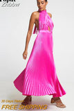 Znbbw Women Elegant Pressed Pleat Backless Dresses 2023 Spring Summer Sexy Solid Satin Dress Female Bodycon Fashion Party Gown