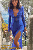 Znbbw Women Long Sleeve Mesh See Through Bodycon Beach Vacation Long Dress 2023 Summer Autumn Wholesale Items For Business