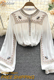 Znbbw Versatile Embroidery Shirt Women's Spring Autumn 2023 New Stand Collar Bohemian Loose Blouse Womens Tops G03