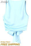 Znbbw TRAF Women Fashion With Tied Satin Back Open Crop Blouses Vintage O Neck Sleeveless Female Shirts Blusas Chic Tops