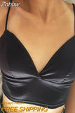 Znbbw Satin Crop Tops Women Wireless Bralette Crochet Top Female Spaghetti Strap T-shirt Cropped With Chest Padded Camisole
