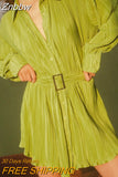 Znbbw Elegant Long Sleeve Shirt Dress Women Casual Blouse Dresses Sexy Loose Single Breasted Waistband Pleated Mini Dress