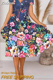 Znbbw Dresses Woman 2023 V-Neck Floral Printed Boho Dresses Summer Short Sleeve Loose Retro A-Line Plus Size Female Dress Robe