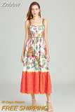 Znbbw Runway Designer Summer Dress Women's V-Neck Spaghetti Strap Vintage Fruit and Vegetable Print Party Midi Dress