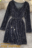 Znbbw Spring Autumn Women's Sequin V-neck Dress Long Sleeve Dress New Temperament Slim Sexy Party Dress Bottoming Dress Y245
