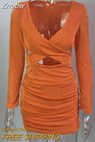 Znbbw Sexy Two Layer Deep V Neck Ruched Bodycon Mini Dress For Women Autumn Hollow Out Skinny Dresses Party Club Dress