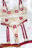 Znbbw Fancy Lingerie Red Lips Embroidery Sissy Delicate Underwear Transparent Bra Set Woman 3 Pieces Sensual Lace Outfit