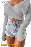 Znbbw Fashion Fall Winter Sexy Casual Cross Wrap Sweater Women Long Sleeve V Neck Solid Slim Fit Knitted Pullover Tops Crop Top