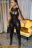 Znbbw Women Fashion Sleeveless Pu Leather Bodycon Black Jumpsuit Overalls One Piece Outfit 2023 Summer Clothes Wholesale Items