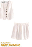 Znbbw TRAF Summer Linen Suits Women Buttons Sleeveless Thin Vest Crop Top Female Pleated Shorts Set Women 2 Piece Set