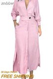 znbbw Fashion Slit Solid Shirt Dress Women Casual V Neck Lapel Full Sleeve With Pockets Long Skirt Spring Lady Streetwear Dresses