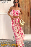 Znbbw TRAF 2023 Y2K Holiday Printed Women Beach Suits Summer Skinny Bustier Crop Top Camis Female Midi Skirt 2 Piece Sets