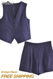 Znbbw TRAF Summer Linen Suits Women Buttons Sleeveless Thin Vest Crop Top Female Pleated Shorts Set Women 2 Piece Set