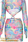 Znbbw Women Autumn Winter Long Sleeve Hollow Out Printed Mesh Backless Bodycon Mini Dress 2023 Female Clothing Streetwear