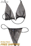 Znbbw Bling Rhinestones Fishnet Bikini Women Halter Bra Sexy Panty 2 Piece Outfits Lady Lingerie Set Sexy Swimwear Women