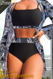 Znbbw Printed Tropical Flower Bikini Swimwear Sets Women High Waist 3 Peice Sets 2023 Fashion Sexy Summer Beach Bathing Suits