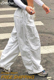 Znbbw Women Casual Baggy Wide Leg Cargo Pants Loose White Low Waist Drawstring Sweatpants Y2K Hip Hop Pocket Streetwear Long Trousers