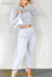 Znbbw 2-Pcs Women's Long Sleeve Sportswear Solid Color Elastic Crop Top Tight-fitting Long Pant Outfit Set