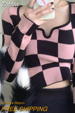 Znbbw Y2K Korean Style Plaid Pink Cropped Sweater Womens Harajuku White Knitted Crewneck Jumper Pullover Female Slim Sexy Top