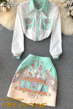 Znbbw Sweet Two Piece Set Women Turn Down Neck Long Sleeve Floral Print Chiffon Shirt Top+Irregular Vintage Mini Skirt Suit