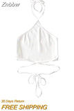 Znbbw Women Halter Tie Back Cropped Camisole Halter Neck Tie Waist Tank Top