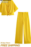 Znbbw TRAF 2023 Woman 2 Piece Set Fashion Shirt Suit Knot Short Top+Dropping Pajama Style Pants Causal Outfits