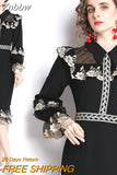 Znbbw 2023 Autumn Fashion Runway Mermaid Dress Women's Flare Sleeve Elegant Floral Embroidery Mesh Patchwork Midi Dresses Vestidos