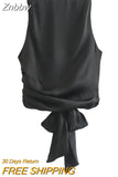 Znbbw TRAF Women Fashion With Tied Satin Back Open Crop Blouses Vintage O Neck Sleeveless Female Shirts Blusas Chic Tops