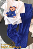 znbbw Women's Cute Cartoon Suits White Bear Print O-Neck Short Sleeve T-Shirt + Blue Elastic Waist Trousers 2 Piece Pants Set Outfits