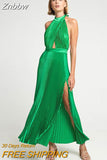 Znbbw Women Elegant Pressed Pleat Backless Dresses 2023 Spring Summer Sexy Solid Satin Dress Female Bodycon Fashion Party Gown