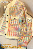 znbbw Korean Vintage Loose Rainbow Striped Knitted Cardigan Sweater Women Long Sleeve Mixed Color Single Breasted Pockets Tops