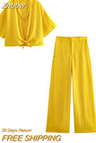Znbbw TRAF 2023 Woman 2 Piece Set Fashion Shirt Suit Knot Short Top+Dropping Pajama Style Pants Causal Outfits