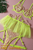 Znbbw Ruffle Sexy Lingerie Lace Patchwork Fancy Underwear Neon Green Sensual Bra And Panty Set Transparent Luxury Intimate