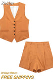 Znbbw TRAF Summer Linen Suits Women Buttons Sleeveless Thin Vest Crop Top Female Pleated Shorts Set Women 2 Piece Set
