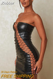 Znbbw Hollow Out PU Leather Sexy Mini Dresses For Women Strapless Sleeveless Backless Bodycon Party Short Dress Vestido