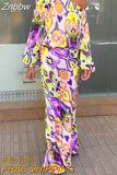 Znbbw Pattern Print Women Suit Casual Diagonal Neck Long Sleeve Top And High Waist Skirt Suit Ladies Fashion Slim 2 Piece Sets