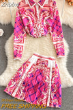 Znbbw Women Fashion Luxury Print Shirt Top + Pleated Mini Skirt New 2023 Spring Autumn Vintage Long Sleeve Buttons Party 2 Piece Sets