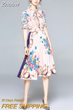 Znbbw 2023 Summer Fashion Designer Pleated Dress Women Short Sleeve Lace Patchwork Floral Print Vintage Female Midi Dress