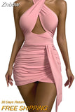Znbbw Fashion Women Sexy Bandage Ruched Halter Slip Dress Sleeveless Backless Solid Bodycon Mini Dress Club Party Sheath Dress