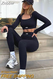 Znbbw 2023 Spring Autumn Design Sports Fitness Long Sleeve Crop Top And Pant Set Women Knitted Yoga Two Piece Set