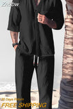 Znbbw Cotton Linen Loose Outfits Casual Men's V-neck Button Shirt And Long Pants Suits Vintage Streetwear Man Two Piece Sets