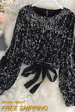 Znbbw WomenSpring Auttumn Blouse New All-match Sequins O-Neck Shirts Long-sleeved Open Back Lace-up Bow Short Tops Female Blusa GX1082